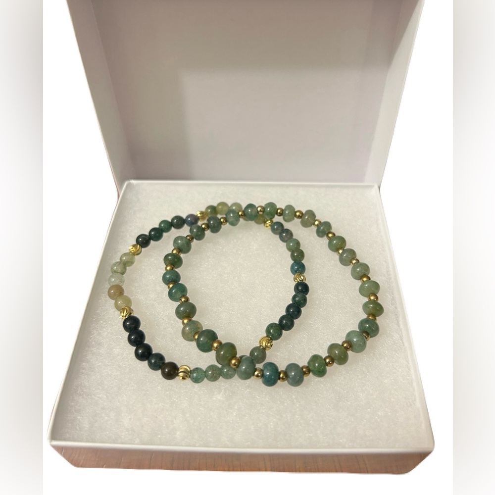 2 Semiprecious Stackable Green Jade Beaded Bracelets - 2mm and 3mm